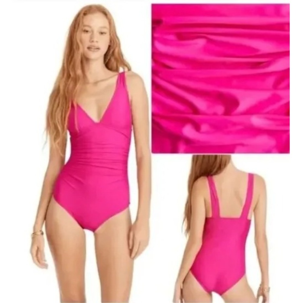 J.Crew Ruched V-Neck One-Piece Swimsuit‎ Pink BC116 Women Size 10 NEW